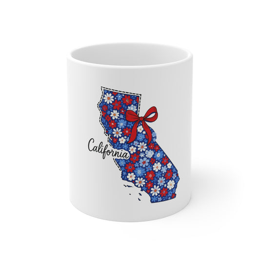 California Floral State Mug — Red, White & Blue Daisy Design