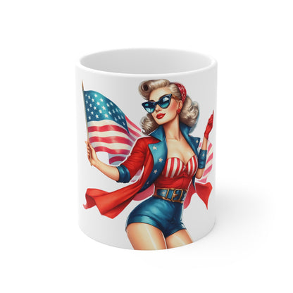 Patriotic Glam Pin Up Mug – American Flag Sunglasses Woman Coffee Mug – Vintage Americana Chic Cup – 4th of July Gift – USA Style Mug Patriotic Pin-Up Girl Coffee Mug – Retro 4th of July USA Flag...