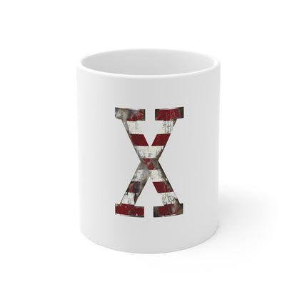 Patriotic Letter X Coffee Mug – American Flag Initial Mug – Distressed USA Monogram Mug – Vintage Americana Alphabet Gift Mug 11oz
