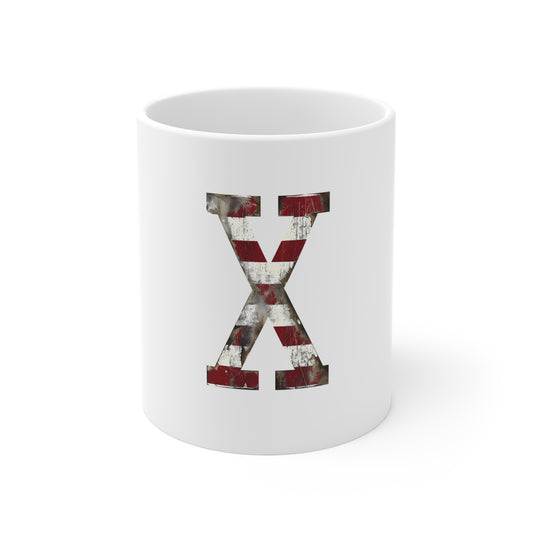 Patriotic Letter X Coffee Mug – American Flag Initial Mug – Distressed USA Monogram Mug – Vintage Americana Alphabet Gift Mug 11oz