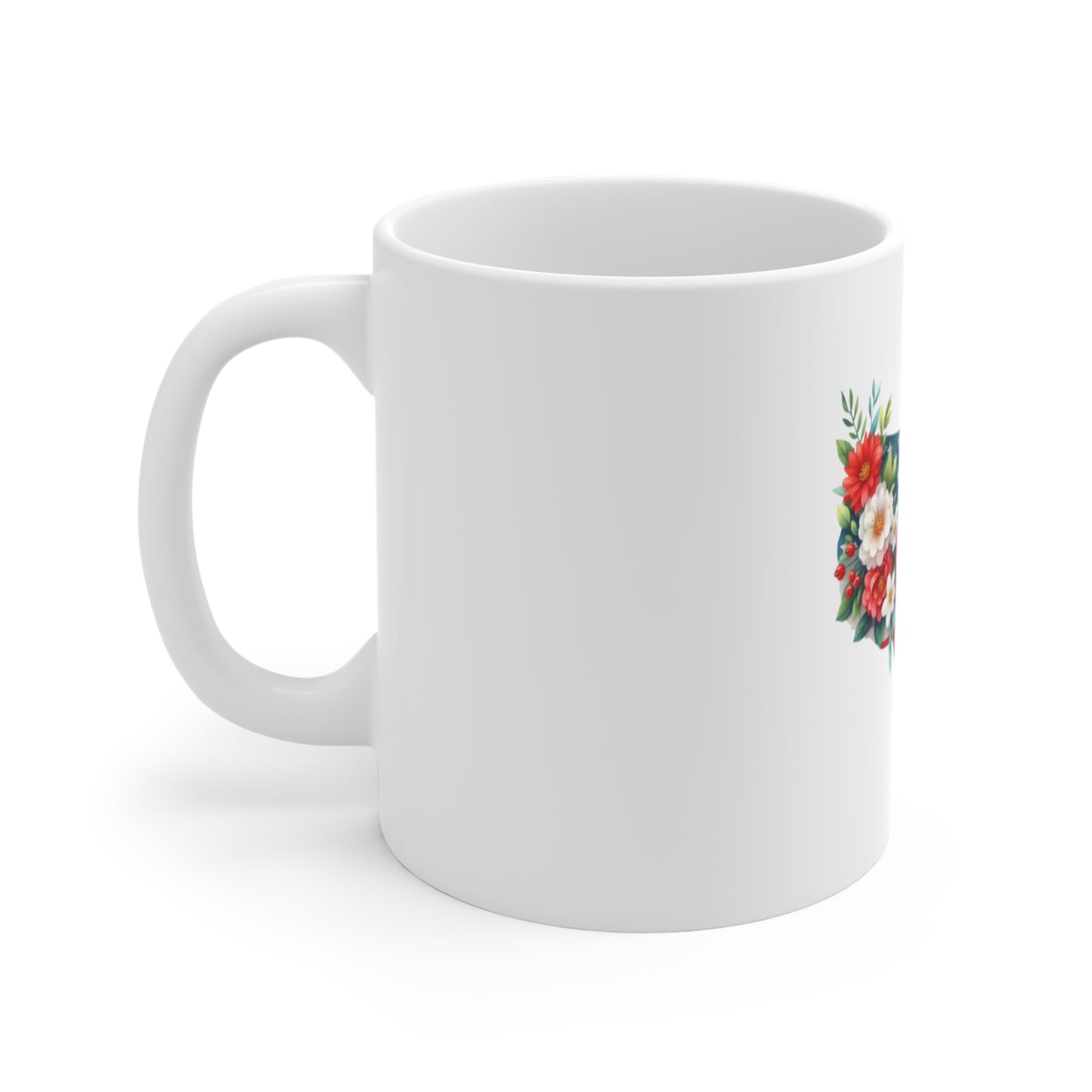 Patriotic USA Floral Map 11oz Mug – American Flag with Red Bow & Flowers, 4th of July Coffee Cup