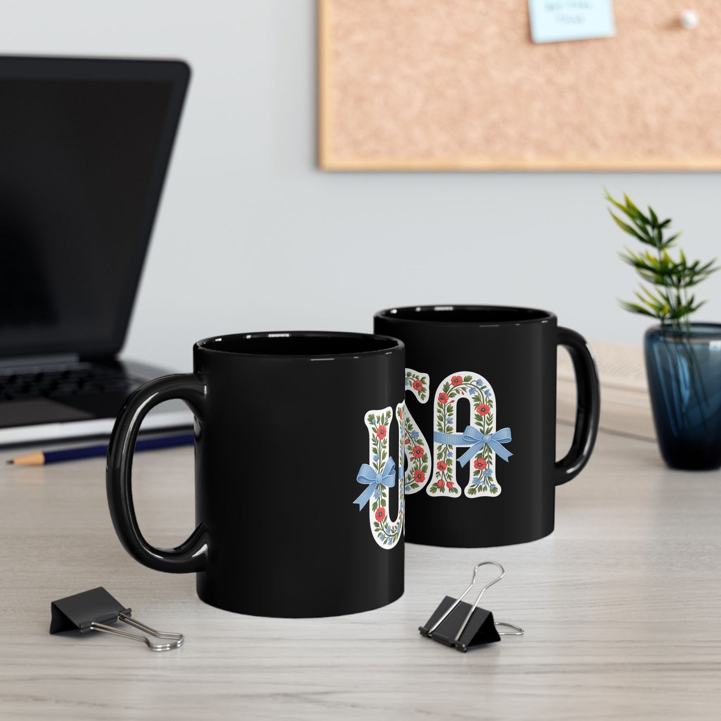 USA Floral Ribbon Mug — Patriotic Floral 11oz/15oz Black Coffee Cup