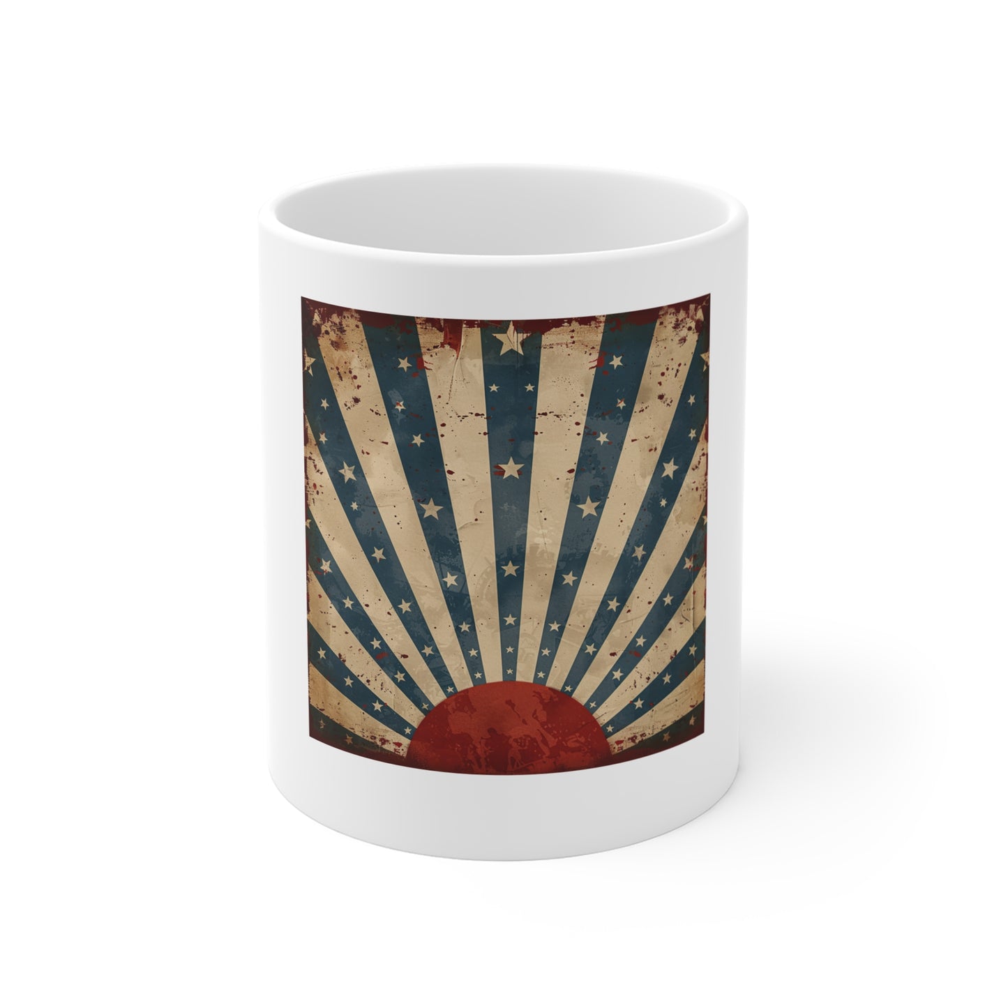 Vintage Americana Rising Sun Coffee Mug – Distressed Patriotic Starburst Mug – Retro USA Heritage Cup – Classic American Poster Style Gift Vintage American Flag Sunrise Mug — Patriotic Retro Stars &...