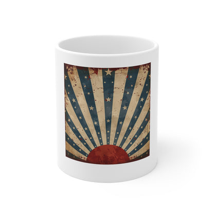 Vintage Americana Rising Sun Coffee Mug – Distressed Patriotic Starburst Mug – Retro USA Heritage Cup – Classic American Poster Style Gift Vintage American Flag Sunrise Mug — Patriotic Retro Stars &...