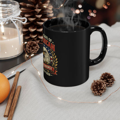 11oz/15oz Black Mug — "250 Years of American Independence" July 4th 2026 Patriotic Eagle Coffee Cup