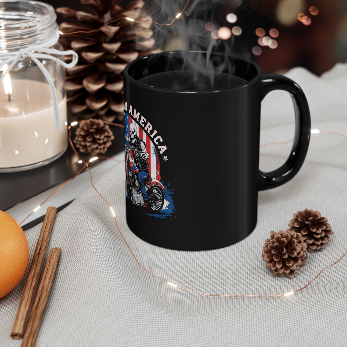 Made in America Biker Coffee Mug – Patriotic Motorcycle Skull Mug – USA Rider Gift Mug – American Flag Vintage Biker Cup Made in America Motorcycle Skeleton Black Mug — Patriotic Biker Coffee Cup...
