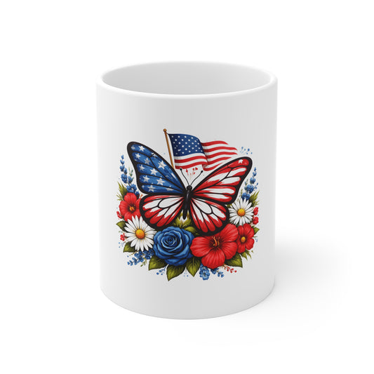 American Flag Butterfly Mug — Patriotic Red White Blue Floral 11oz Coffee Cup