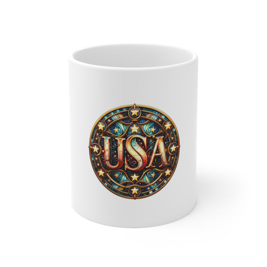 Stained Glass USA Mug – Patriotic Americana Coffee Mug – Red White Blue USA Art Cup – Vintage American Pride Gift Mug 11oz