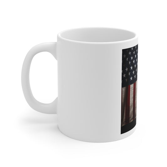 Rustic American Flag Corner Coffee Mug – Draped USA Flag on Wood Mug – Patriotic Minimalist Flag Mug – Vintage Americana Coffee Cup Rustic American Flag Mug — Patriotic 11oz Coffee Cup