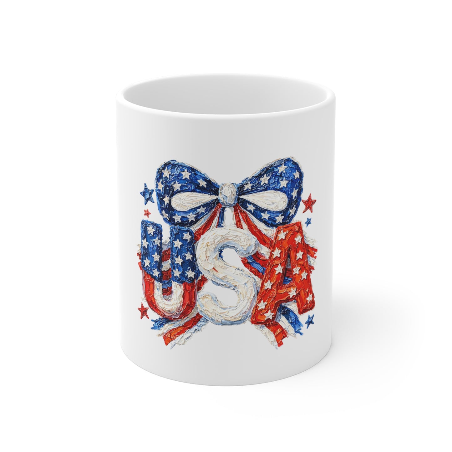 Patriotic USA 11oz Mug - Red White Blue Bow & Stars Coffee Cup
