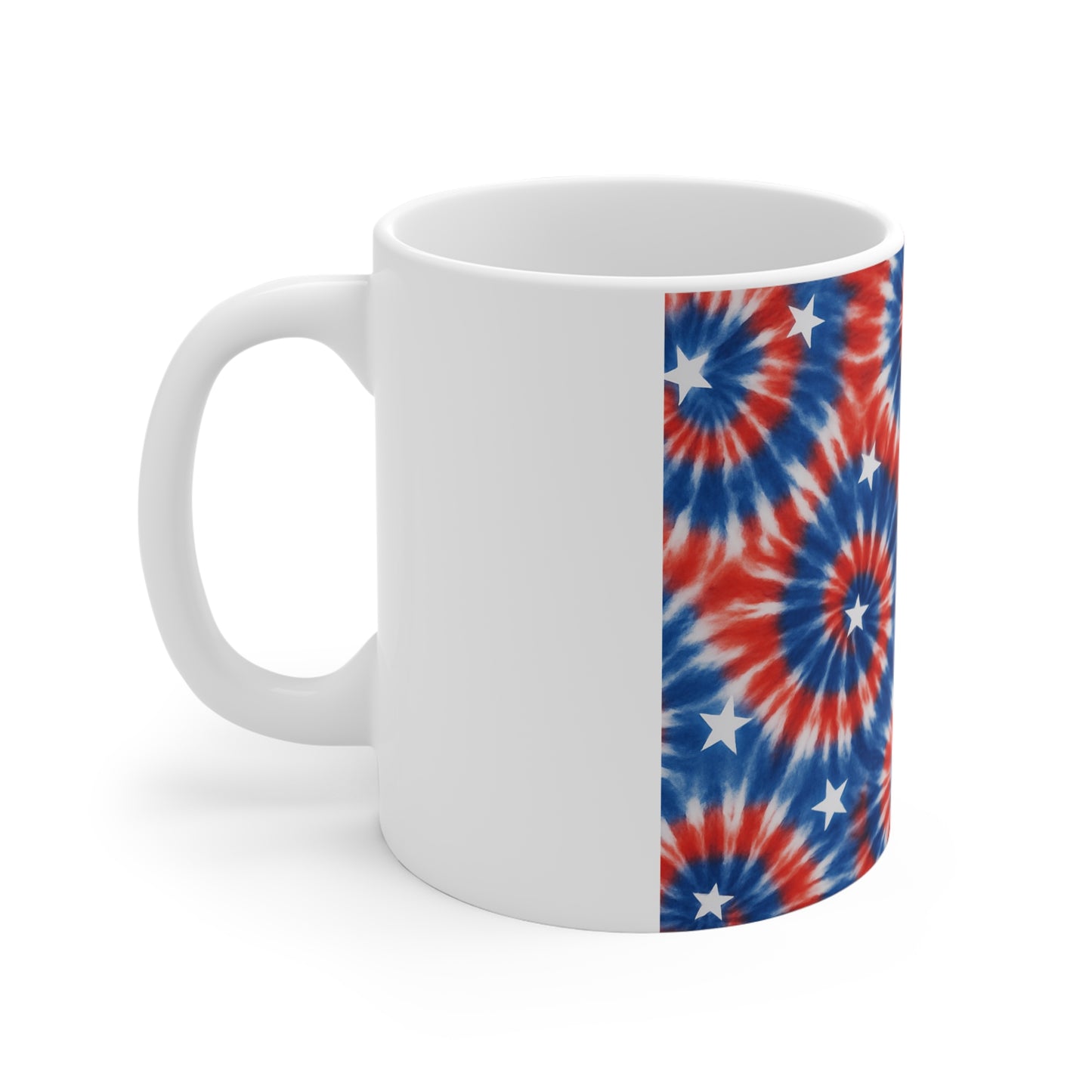 Patriotic Tie Dye Starburst Coffee Mug – Red White Blue Spiral Mug – Firework Style USA Mug – Retro 4th of July Mug 11oz