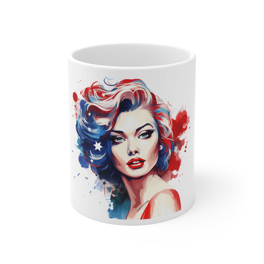 Patriotic Watercolor Pin Up Mug – Red White Blue Abstract Portrait Coffee Mug – Americana Art Cup – Vintage Style USA Gift – Bold Artistic Mug Patriotic Pin-Up Woman Mug — 11oz Red White Blue Pop Art...