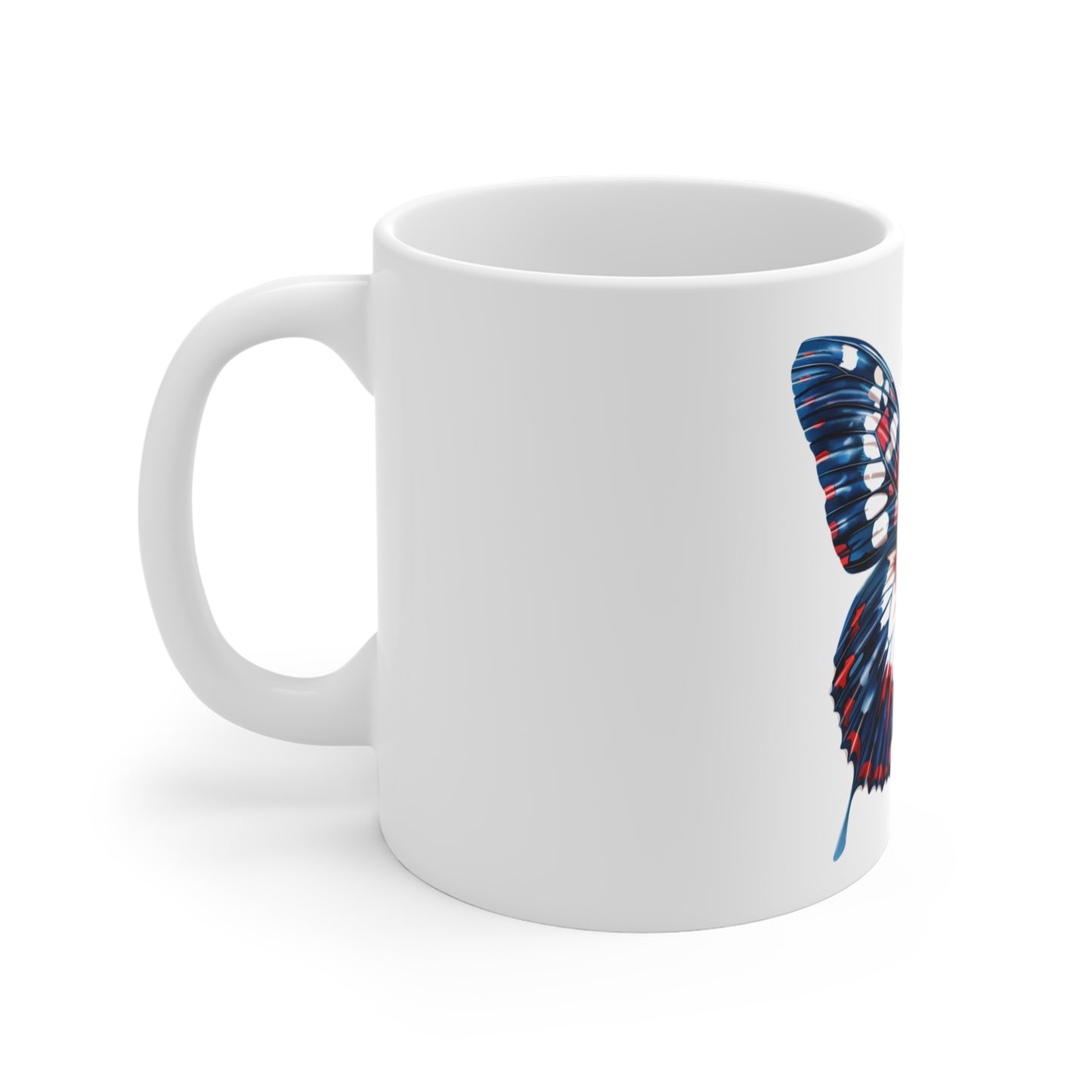 Patriotic Distressed Butterfly Mug – Red White Blue Worn Wing Butterfly Coffee Mug – Vintage Americana Art Cup – Unique USA Gift Mug Mug 11oz