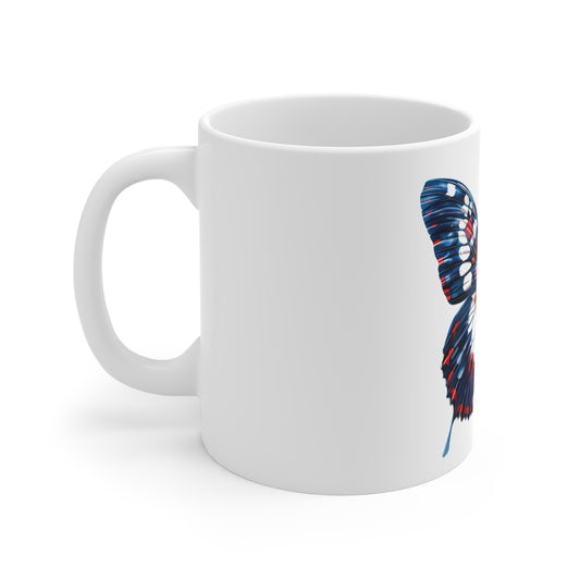 Patriotic Distressed Butterfly Mug – Red White Blue Worn Wing Butterfly Coffee Mug – Vintage Americana Art Cup – Unique USA Gift Mug Mug 11oz