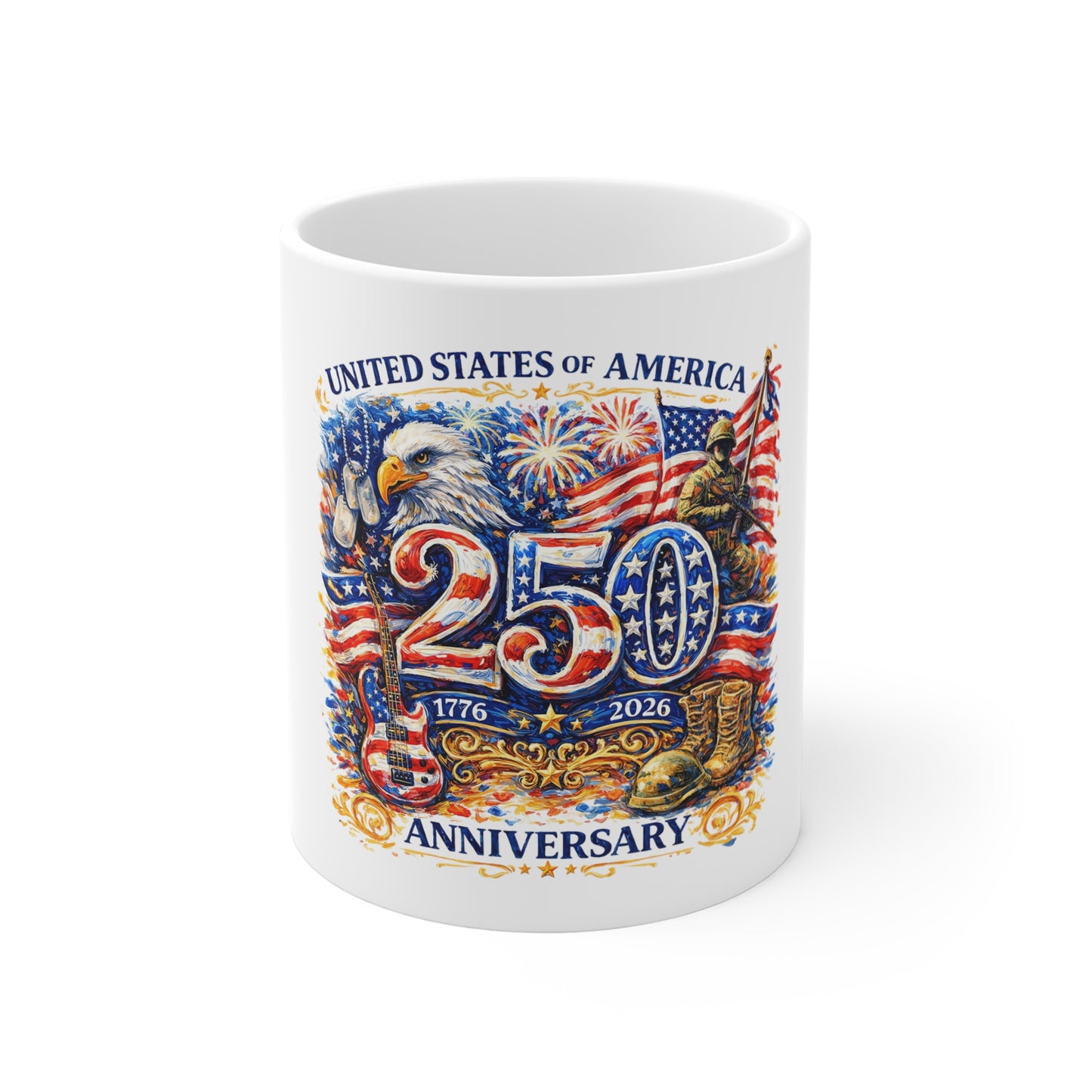 250th USA Anniversary Coffee Mug — United States 1776-2026 Patriotic Eagle & Flags