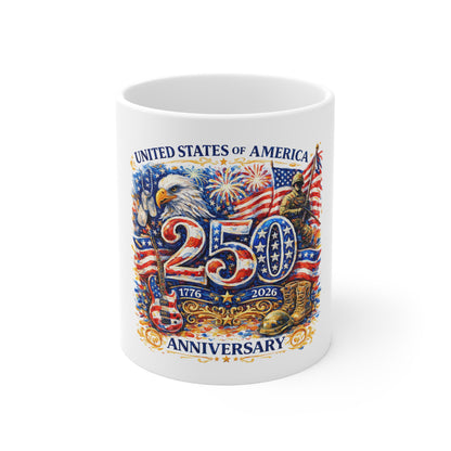 250th USA Anniversary Coffee Mug — United States 1776-2026 Patriotic Eagle & Flags