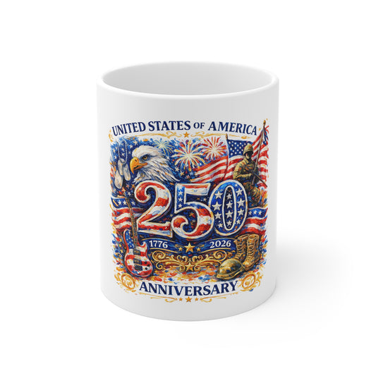 250th USA Anniversary Coffee Mug — United States 1776-2026 Patriotic Eagle & Flags