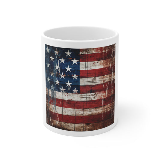 Drip-Stained Barnwood American Flag Coffee Mug – Heavy Distress USA Flag Mug – Rustic Weathered Wood Patriotic Cup – Vintage Americana Mug Distressed American Flag Mug - 11oz Patriotic Coffee Cup (...