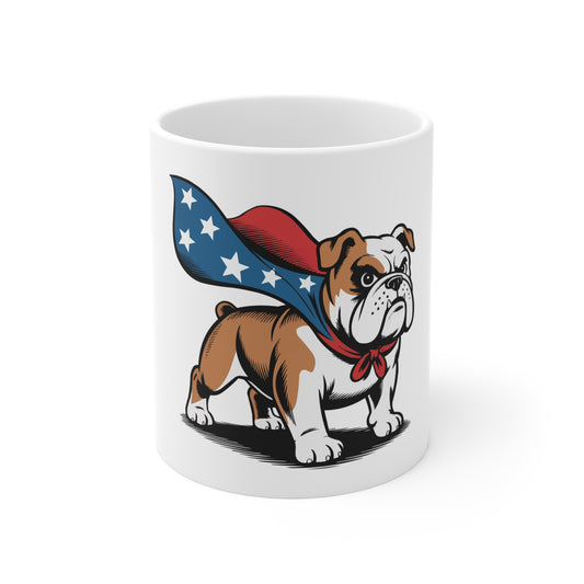 Patriotic Bulldog Mug — American Flag Cape 11oz Coffee Cup