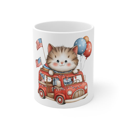 Patriotic Cat Truck Coffee Mug – Cute 4th of July Kitten Mug – Vintage Americana Truck Mug – Red White Blue Animal Lover Cup 4th of July Cat Mug — Cute Kitten in Patriotic Firetruck 11oz Coffee Cup...