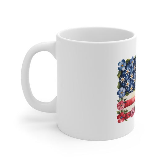 11oz Mug — Floral American Flag Coffee Cup (Patriotic Blooms)