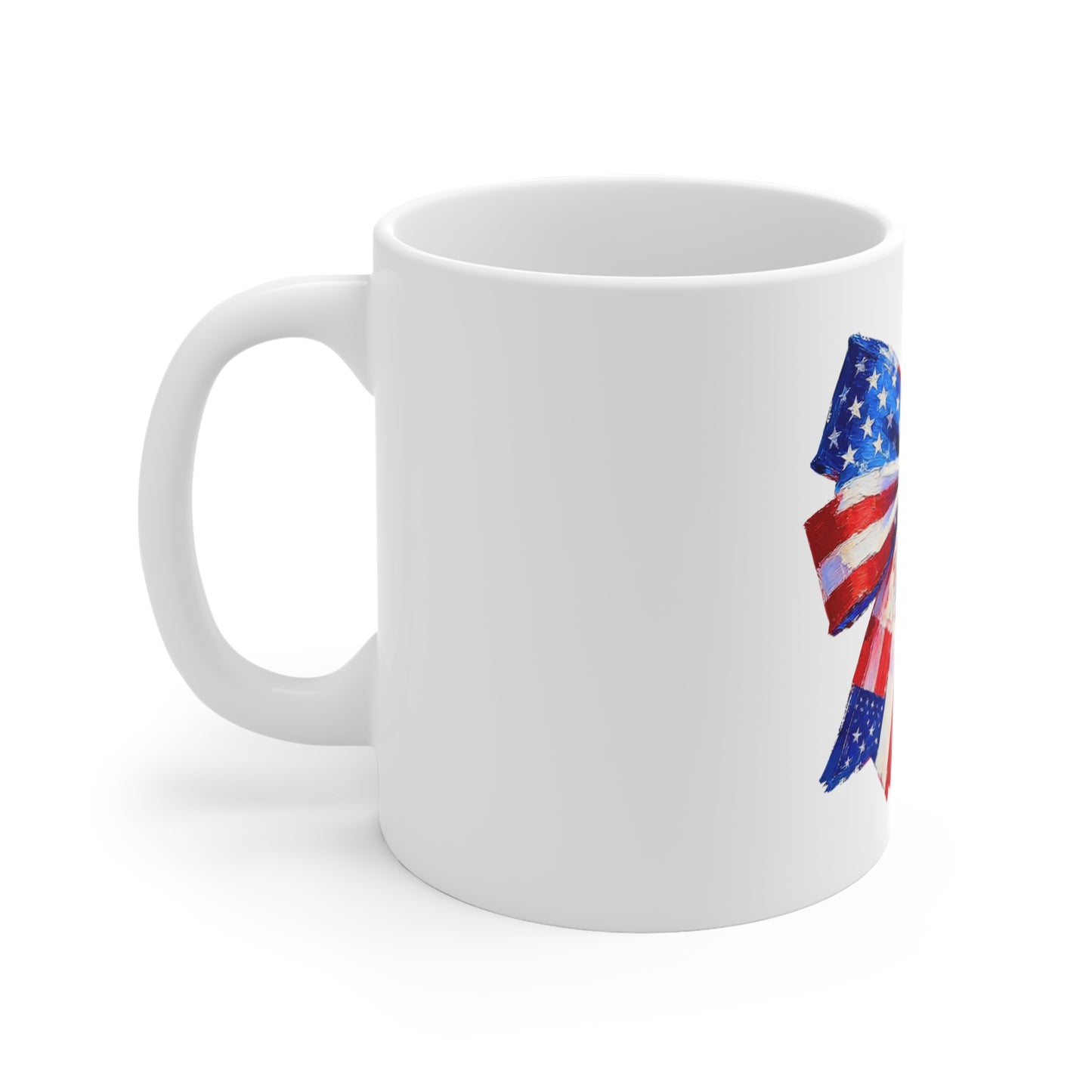Patriotic American Flag Bow Mug — 11oz Fourth of July Coffee Cup