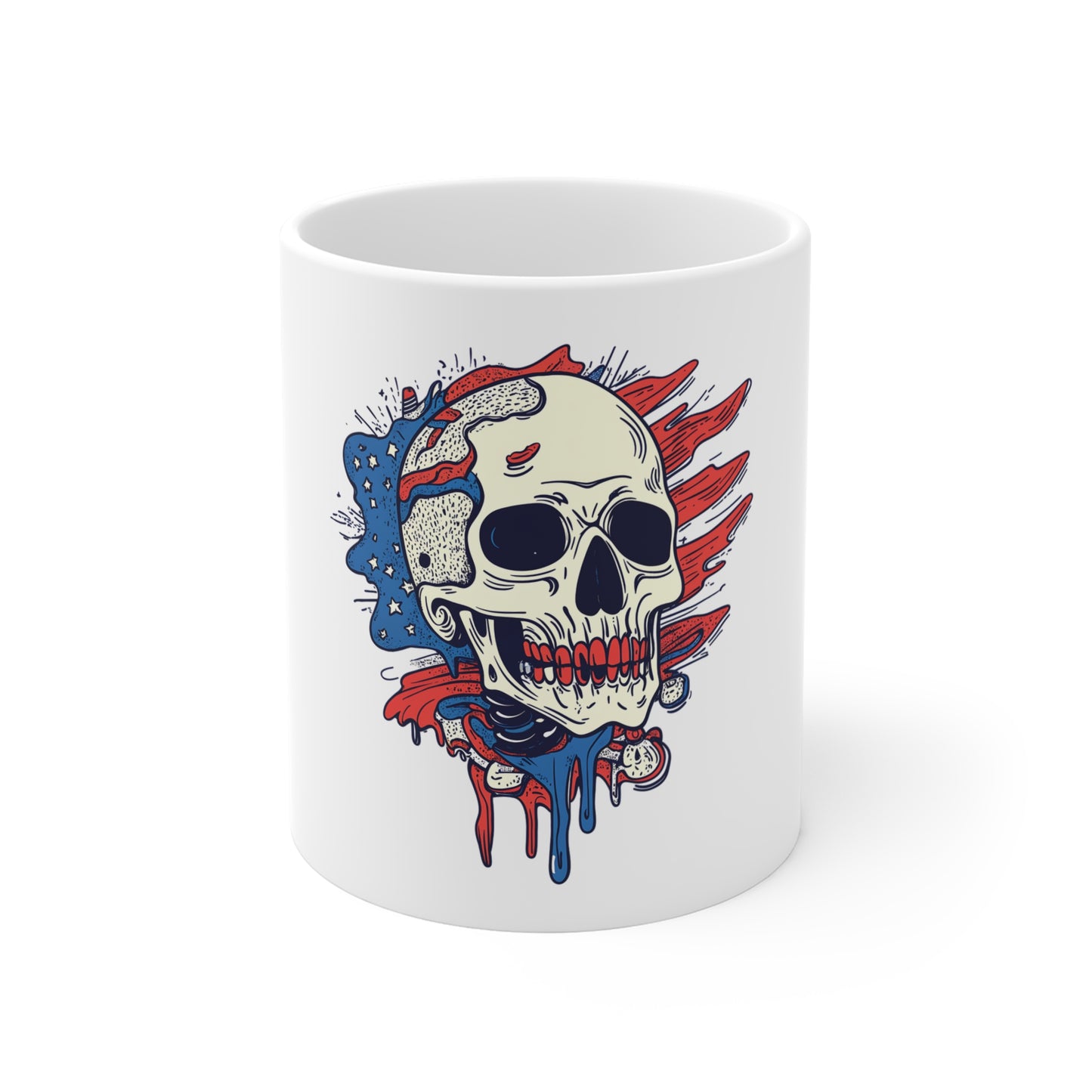 Skull with American Flag 11oz Mug — Patriotic Drip Skull Coffee Cup