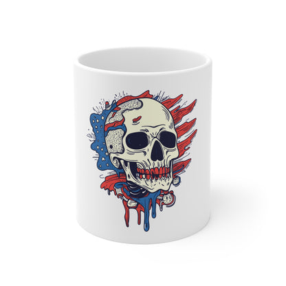 Skull with American Flag 11oz Mug — Patriotic Drip Skull Coffee Cup
