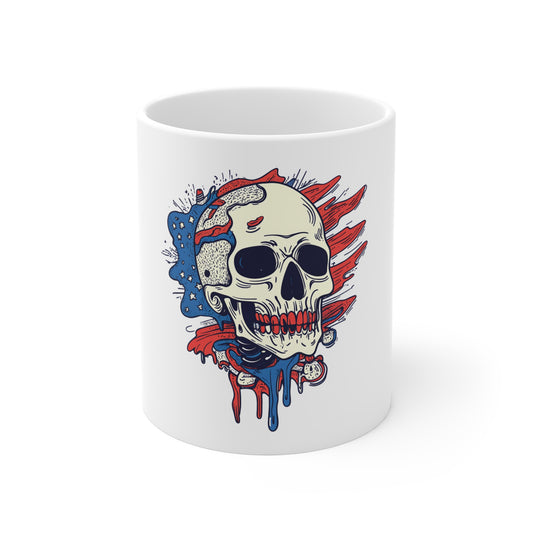 Skull with American Flag 11oz Mug — Patriotic Drip Skull Coffee Cup