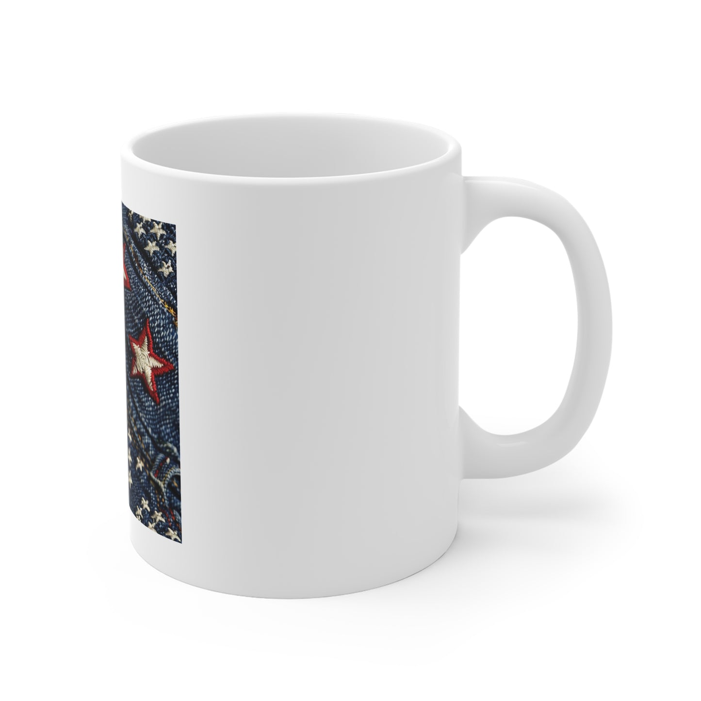 Denim American Flag Coffee Mug – Embroidered Stars Patriotic Mug – Shallow Focus Jeans Texture USA Cup – Rugged Americana Gift Patriotic Denim Stars Mug — 11oz Americana Coffee Cup
