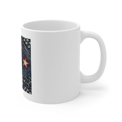 Denim American Flag Coffee Mug – Embroidered Stars Patriotic Mug – Shallow Focus Jeans Texture USA Cup – Rugged Americana Gift Patriotic Denim Stars Mug — 11oz Americana Coffee Cup