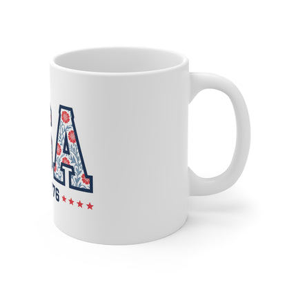 USA Floral Pattern Mug — EST. 1776 Patriotic Coffee Cup