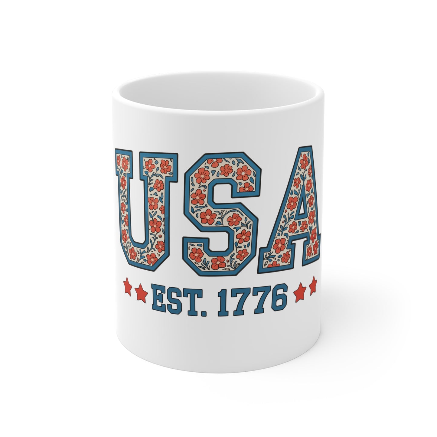 USA Floral 1776 Coffee Mug — Patriotic 11oz Ceramic Gift for Independence Day