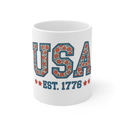 USA Floral 1776 Coffee Mug — Patriotic 11oz Ceramic Gift for Independence Day