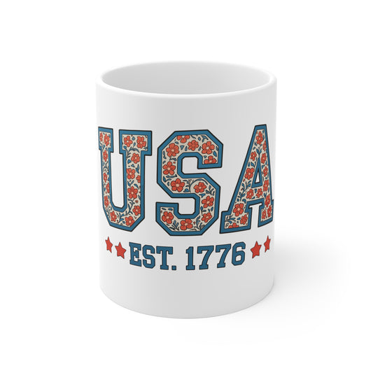 USA Floral 1776 Coffee Mug — Patriotic 11oz Ceramic Gift for Independence Day