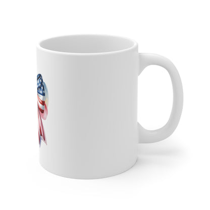 American Flag Bow Mug — Patriotic 11oz Coffee Cup for 4th of July & Veterans Day