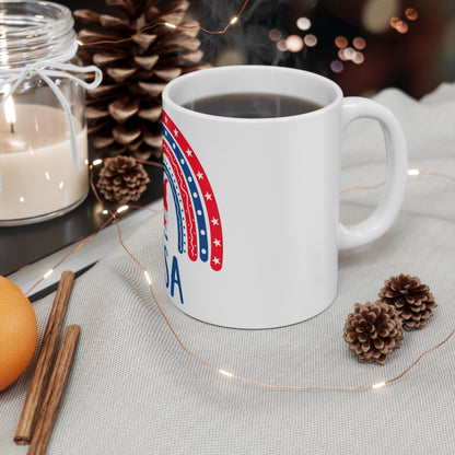 USA Gnome Coffee Mug – Whimsical Patriotic Rainbow Gnome Design – Cute Red White Blue Mug – 4th of July Gift Mug 11oz