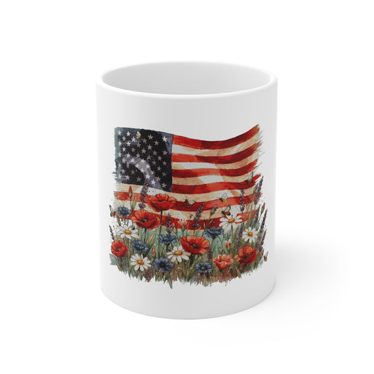 Patriotic Floral Flag Mug - American Flag with Poppies & Daisies 11oz