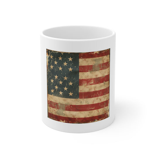 Vintage Flowing American Flag Coffee Mug – Distressed Retro USA Flag Mug – Worn Americana Stripe Design – Classic Patriotic Gift Vintage American Flag Mug - Patriotic 11oz Coffee Cup