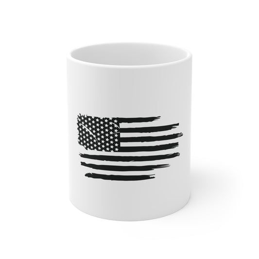 Black Torn American Flag Coffee Mug – Distressed USA Flag Mug – Rugged Stealth Patriotic Cup – Grunge Americana Gift Mug 11oz
