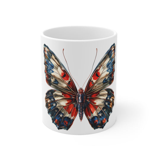Patriotic Stars Butterfly Mug – American Flag Butterfly Coffee Mug – Red White Blue Star Wing Mug – USA Art Nature Cup – Unique Gift Mug Mug 11oz
