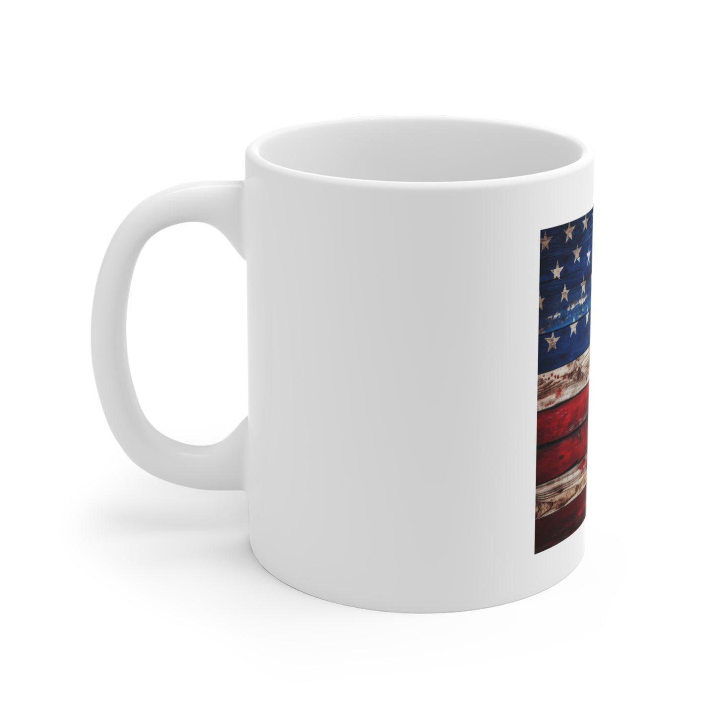 Distressed American Flag Wood Coffee Mug – Weathered Rustic USA Flag Mug – Vintage Painted Wood Patriotic Cup – Americana Gift Rustic American Flag Coffee Mug — 11oz Patriotic USA Gift