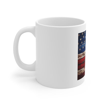 Distressed American Flag Wood Coffee Mug – Weathered Rustic USA Flag Mug – Vintage Painted Wood Patriotic Cup – Americana Gift Rustic American Flag Coffee Mug — 11oz Patriotic USA Gift