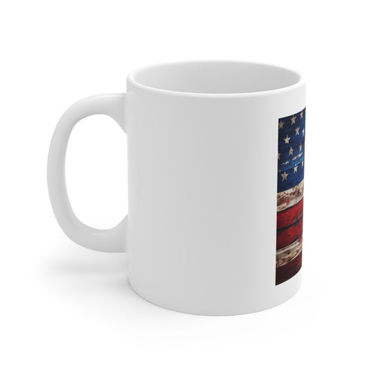 Distressed American Flag Wood Coffee Mug – Weathered Rustic USA Flag Mug – Vintage Painted Wood Patriotic Cup – Americana Gift Rustic American Flag Coffee Mug — 11oz Patriotic USA Gift