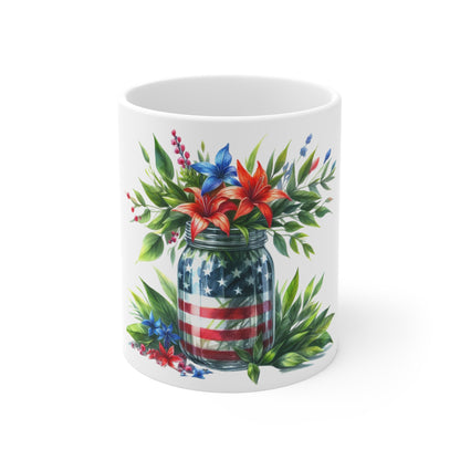 Patriotic Lily Mason Jar Coffee Mug – American Flag Floral Mug – Red White Blue Lily Bouquet Cup – Rustic Americana Gift Mug Patriotic Mason Jar Floral Mug - 11oz Red White Blue Coffee Cup