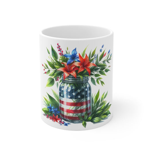 Patriotic Lily Mason Jar Coffee Mug – American Flag Floral Mug – Red White Blue Lily Bouquet Cup – Rustic Americana Gift Mug Patriotic Mason Jar Floral Mug - 11oz Red White Blue Coffee Cup