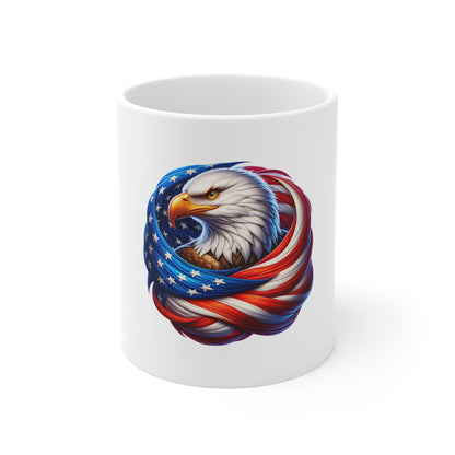 Patriotic Bald Eagle Coffee Mug — American Flag Emblem 11oz