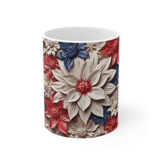 Patriotic 3D White Flower Coffee Mug – Red Blue Sculpted Floral Mug – Elegant Layered Botanical Cup – Premium Americana Mug Patriotic Red White Blue Floral Mug – 11oz Decorative Flower Coffee Cup...