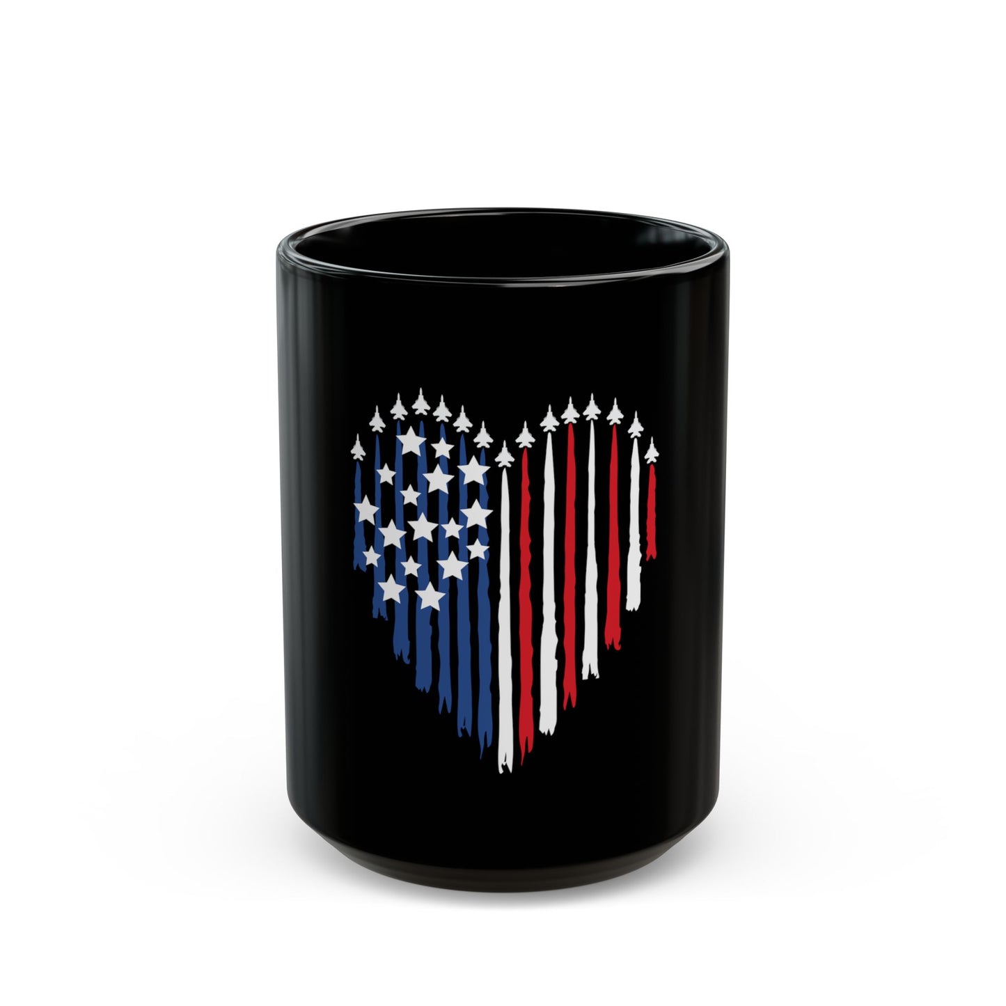 Patriotic Jet Heart Mug – American Flag Heart with Fighter Jets – USA Air Force Inspired Coffee Mug – Red White Blue Military Love Cup  Mug (11oz, 15oz)