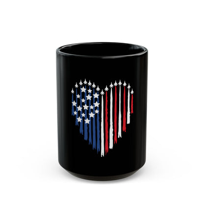 Patriotic Jet Heart Mug – American Flag Heart with Fighter Jets – USA Air Force Inspired Coffee Mug – Red White Blue Military Love Cup  Mug (11oz, 15oz)